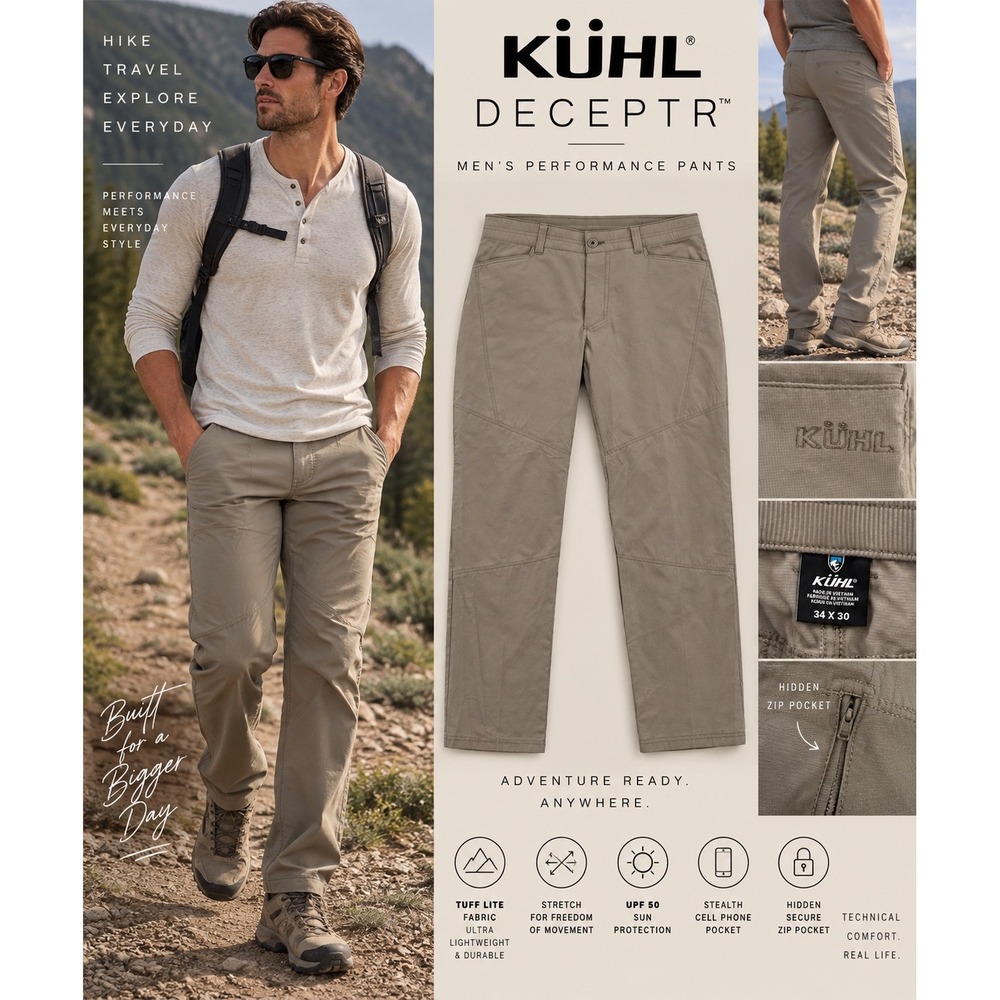 KÜHL Deceptr Pants Mens 34x30 Khaki Stretch Hiking Travel Outdoor Performance
